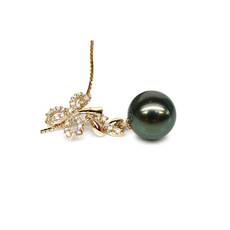 Pendentif création florale - Perle de Tahiti - Or jaune, diamants - 1