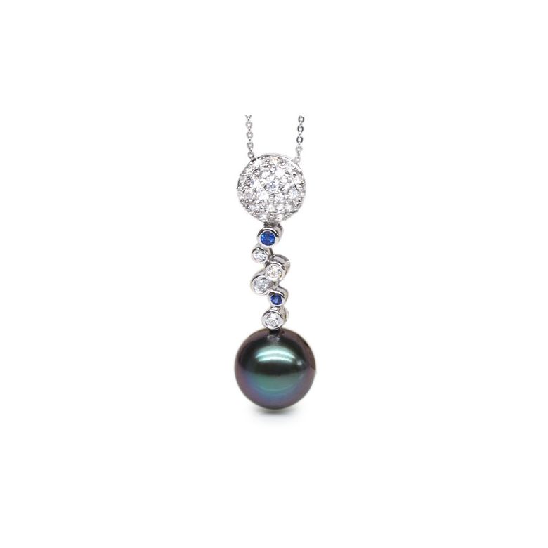 Pendentif boules - Perle de Tahiti - Or blanc, diamants, saphirs bleus - 1