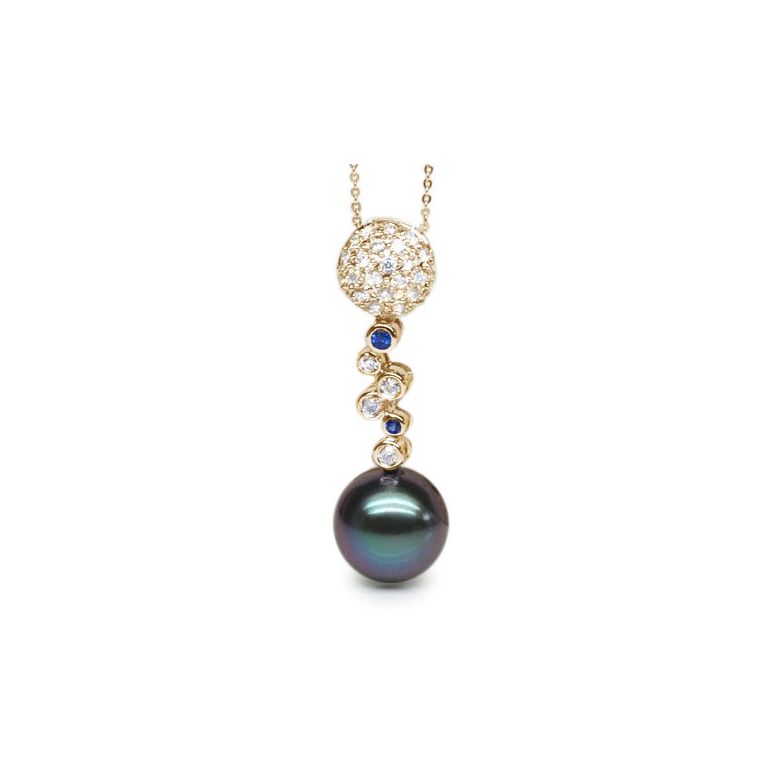 Pendentif boules - Perle de Tahiti - Or jaune, diamants, saphirs bleus - 1