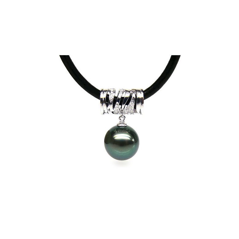 Pendentif circulaire avec cordon - Perle de Tahiti - Or blanc, diamants - 1
