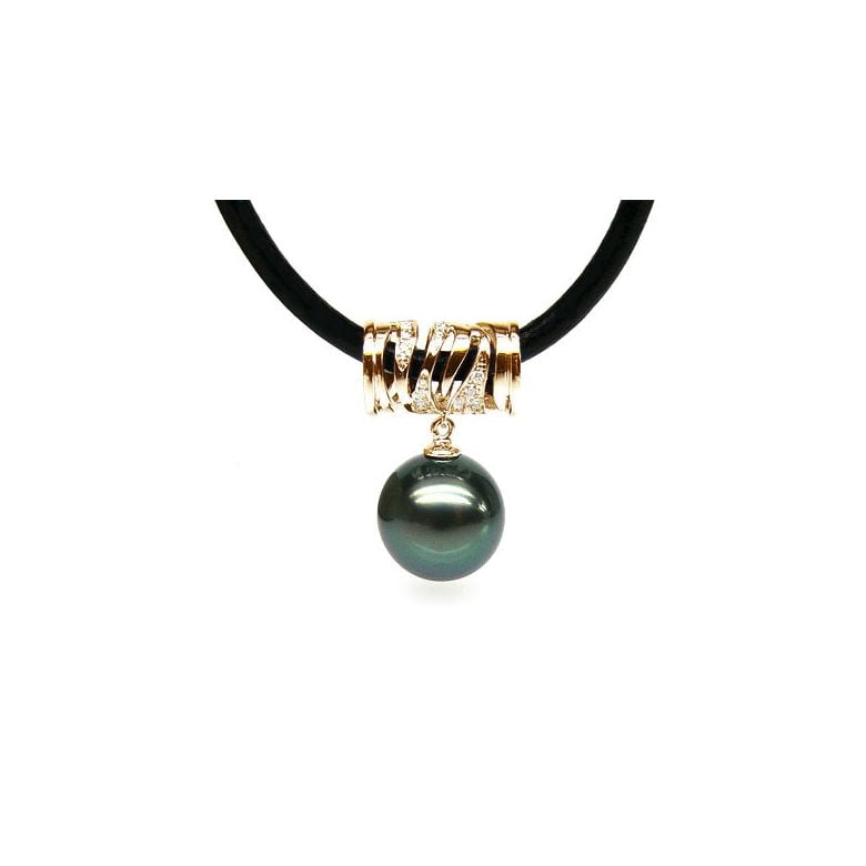 Pendentif circulaire avec cordon - Perle de Tahiti - Or jaune, diamants - 1