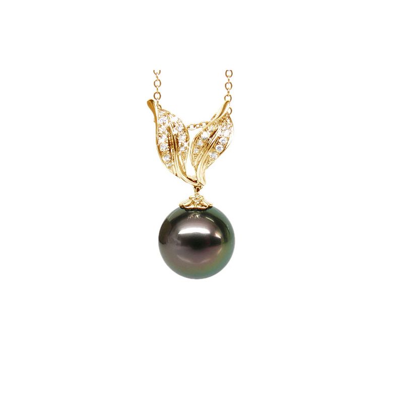 Création pendentif feuilles - Perle Tahiti noire paon - Or jaune, diamants - 1