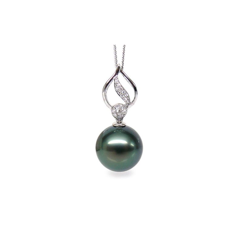 Pendentif feuille or blanc diamanté - Perle de Tahiti noire, bleue verte - 1