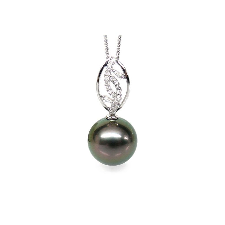 Pendentif deux feuilles - Perle de Tahiti - Or blanc, diamants - 1