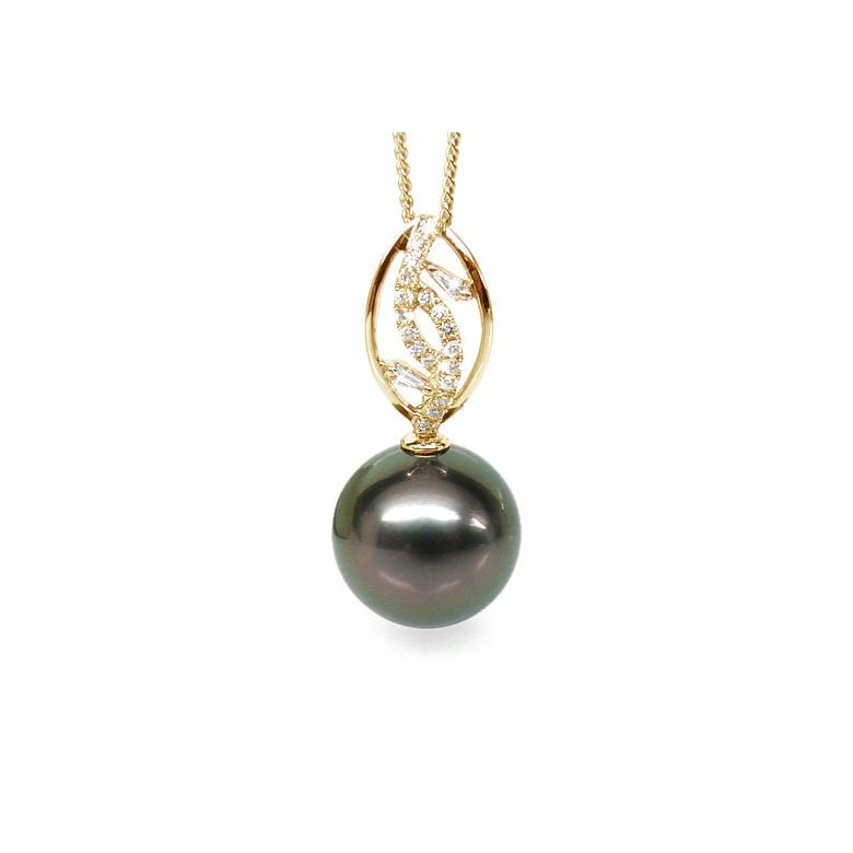 Pendentif deux feuilles - Perle de Tahiti - Or jaune, diamants - 1