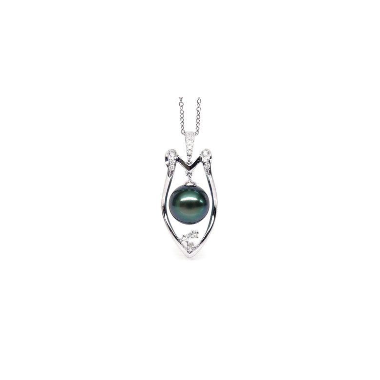 Pendentif protection - Bouclier - Perle de Tahiti - Or blanc, diamants - 1