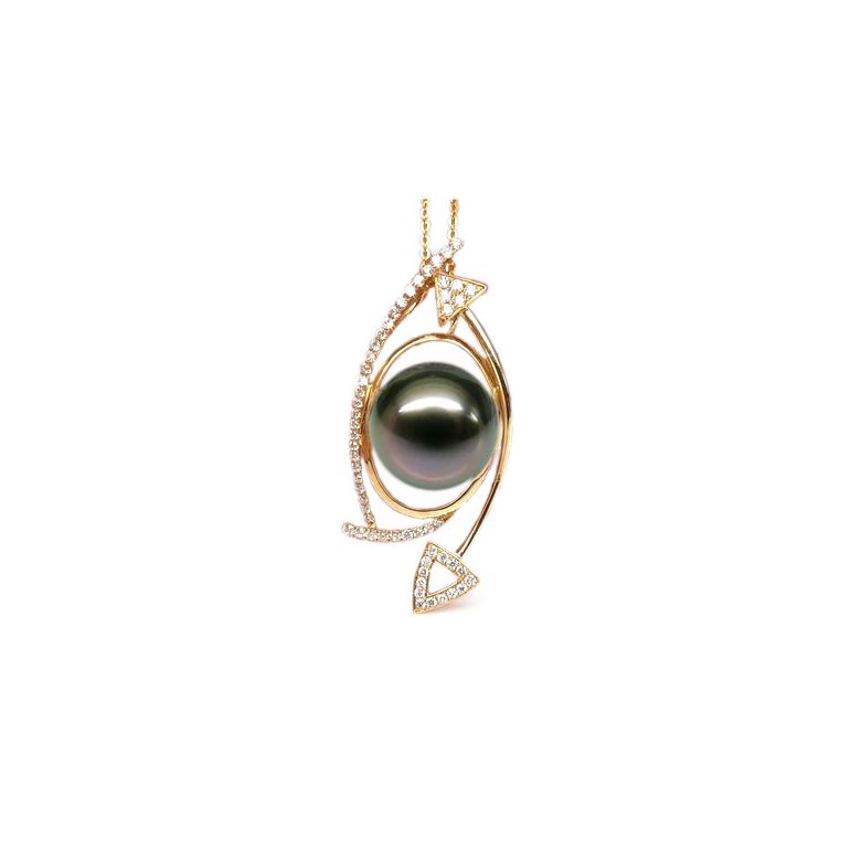 Pendentif elliptique - Perle Tahiti paon aubergine - Or jaune, diamants - 1