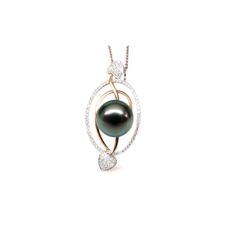 Pendentif 2 coeurs flamboyants - Perle de Tahiti - 2 ors, diamants - 1