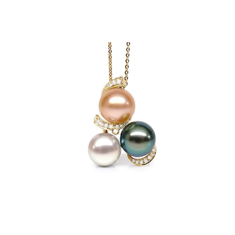 Pendentif trilogie - Perle Tahiti, perles eau douce - Or jaune, diamants - 1