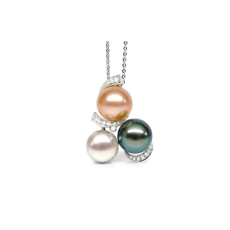 Pendentif trilogie - Perle Tahiti, perles eau douce - Or blanc, diamants - 1