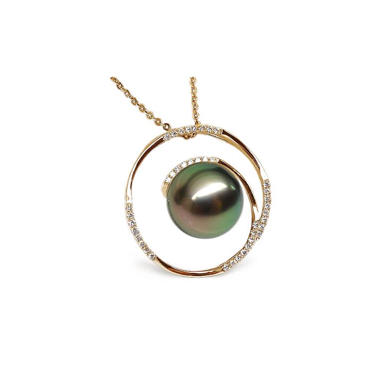 Pendentif cercle - La roue tourne - Perle de Tahiti - Or jaune, diamants - 1