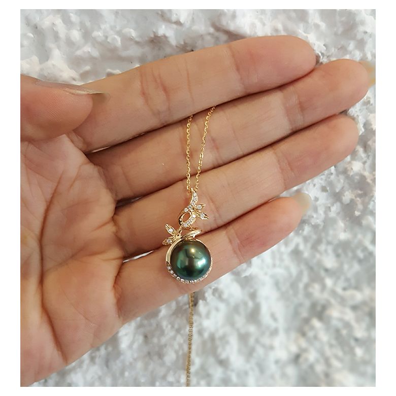 Pendentif Nature. Branche, feuillage. Perle de Tahiti, Or jaune - 6