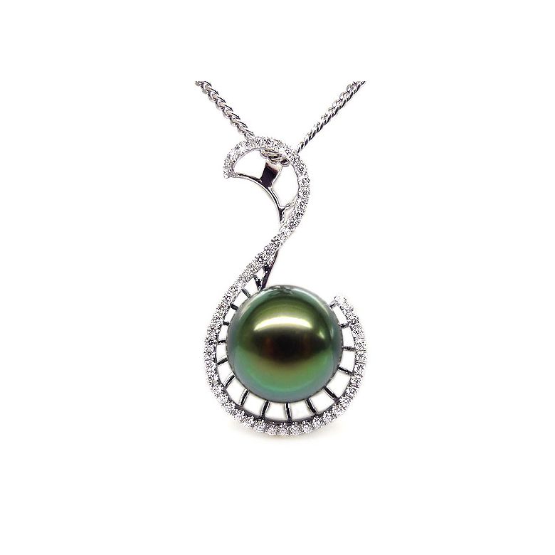 Pendentif Nature - Grâce du cygne - Perle de Tahiti - Or blanc, diamants - 1