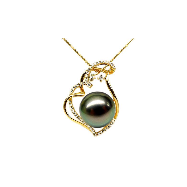Pendentif coeur nébuleux, romantique - Perle Tahiti - Or jaune, diamants - 1