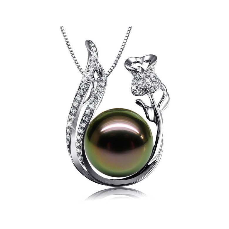 Pendentif rose - Perle Tahiti noire - Or blanc, diamants - La vie en rose - 1