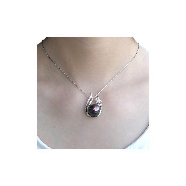 Pendentif rose - Perle Tahiti noire - Or blanc, diamants - La vie en rose - 3