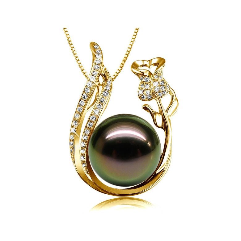 Pendentif rose - Perle Tahiti noire - Or jaune, diamants - La vie en rose - 1
