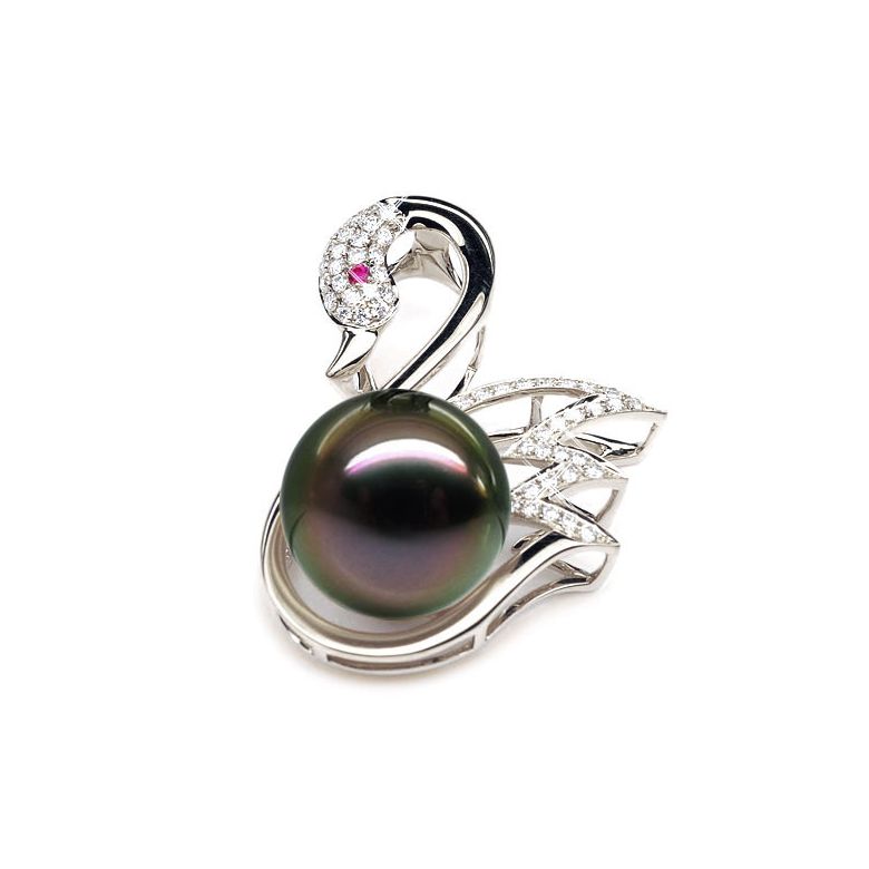 Pendentif cygne - Perle de Tahiti - Or blanc, diamants, saphir rose - 2