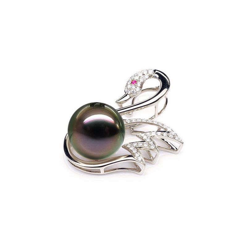 Pendentif cygne - Perle de Tahiti - Or blanc, diamants, saphir rose - 3