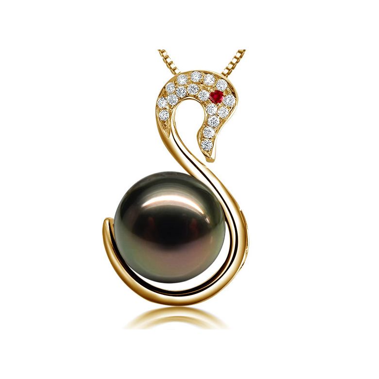 Pendentif cygne or jaune - Perle de Tahiti - Diamants, saphir rose - 1