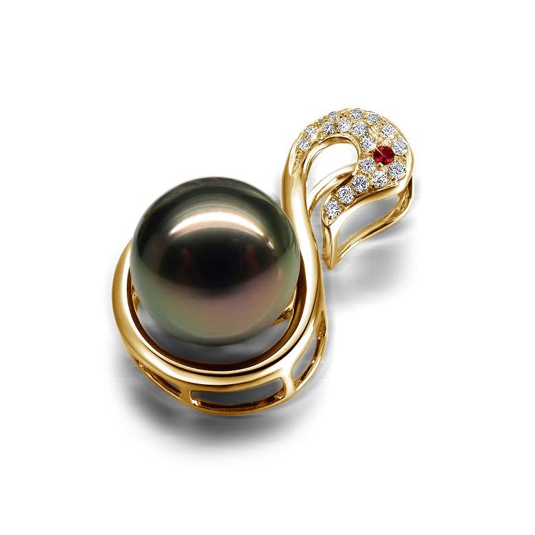Pendentif cygne or jaune - Perle de Tahiti - Diamants, saphir rose - 2