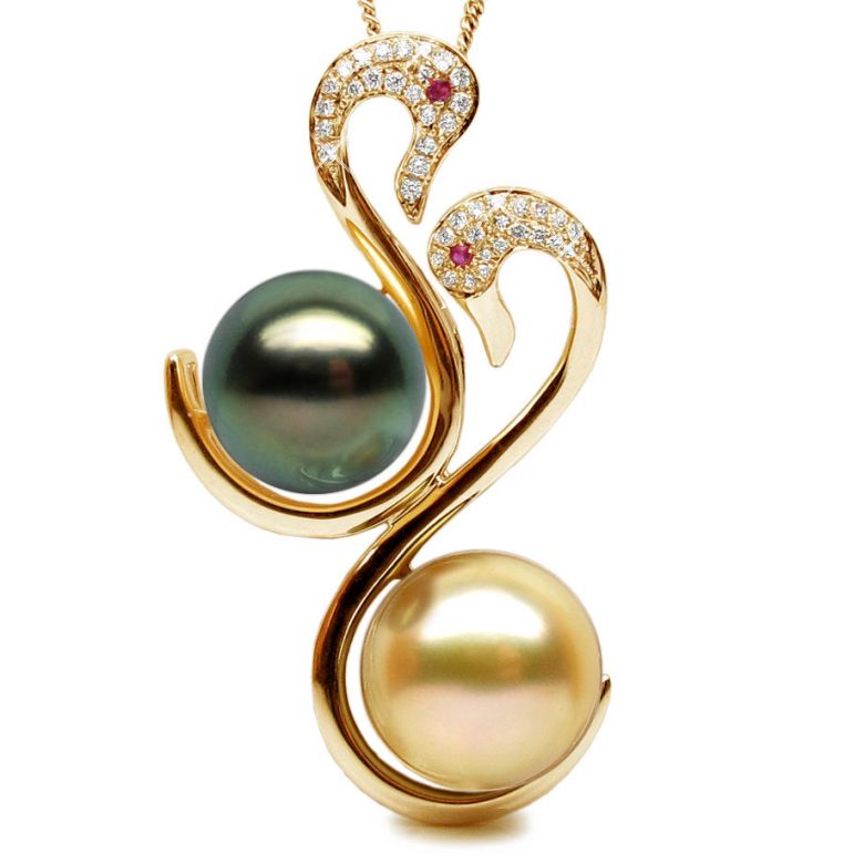 Pendentif Cygnes Perles des Mers du Sud, Or Jaune - 1