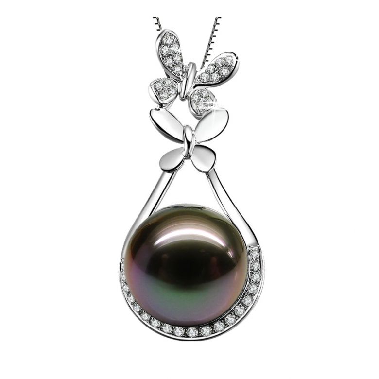  Pendentif papillon - Perle de Tahiti noire - Or blanc, diamants - 1