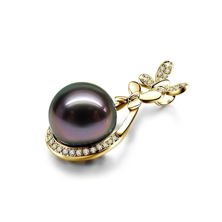  Pendentif papillon - Perle de Tahiti noire - Or jaune, diamants - 2