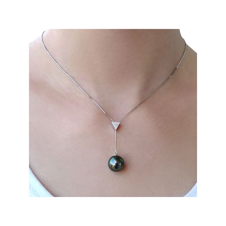 Collier pendentif or blanc, perle Tahiti - Pendant triangle nacré - 2
