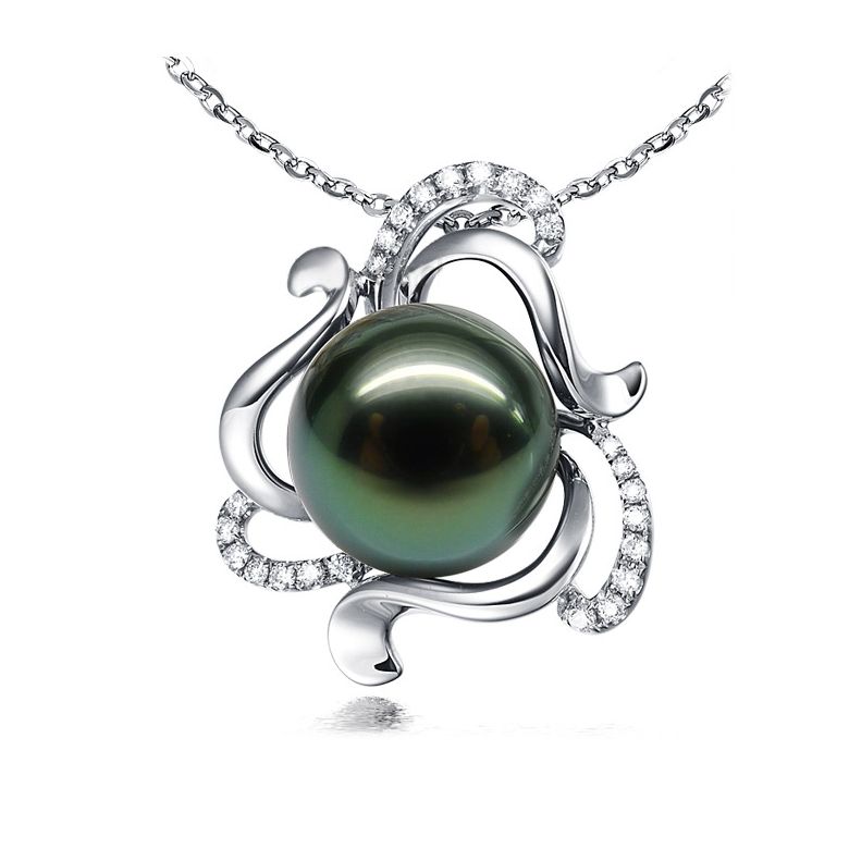 Pendentif perle de Tahiti verte 11/12mm - Or blanc et diamants - 1