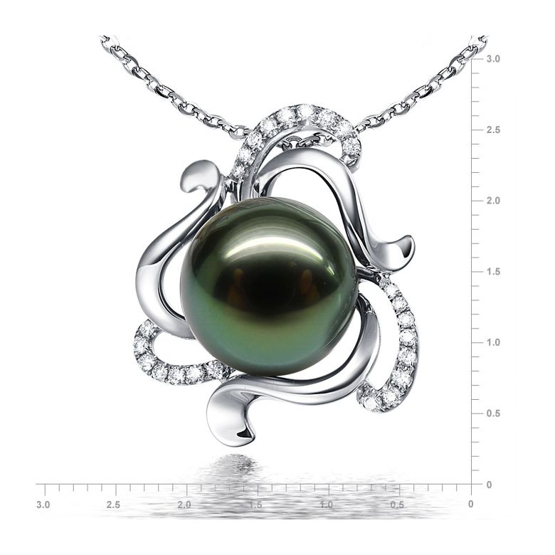 Pendentif perle de Tahiti verte 11/12mm - Or blanc et diamants - 2