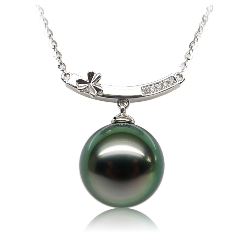 Pendentif or blanc fleur diamant - Perle de Tahiti verte - 1