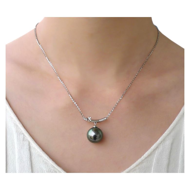Pendentif or blanc fleur diamant - Perle de Tahiti verte - 2