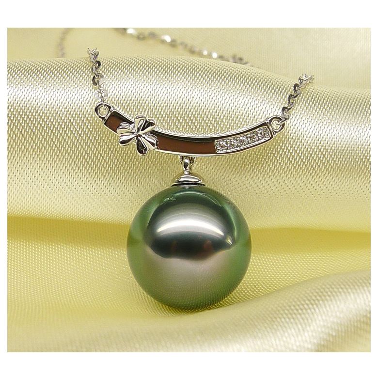 Pendentif or blanc fleur diamant - Perle de Tahiti verte - 4