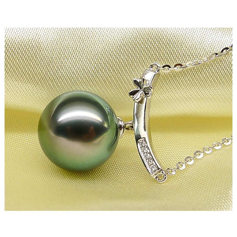 Pendentif or blanc fleur diamant - Perle de Tahiti verte - 5
