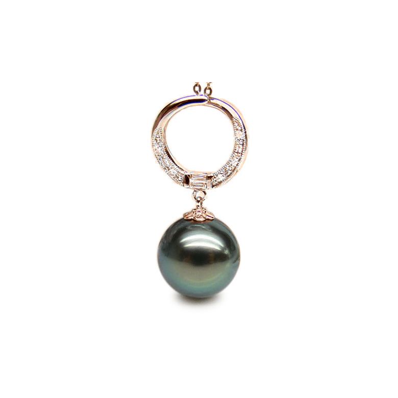 Pendentif circle - Perle Tahiti noire, bleue verte - Or rose, diamants - 1