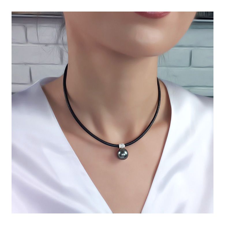 Collier pendentif Perle de Tahiti . Cordon cuir, or rose, diamants - 3
