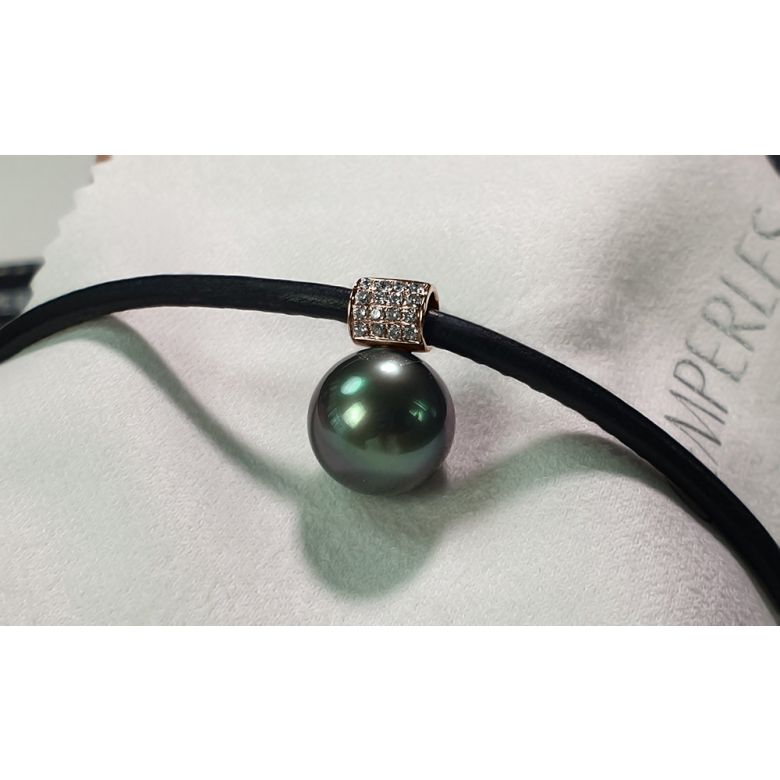 Collier pendentif Perle de Tahiti . Cordon cuir, or rose, diamants - 4