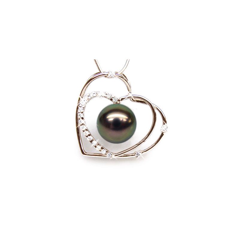 Pendentif double coeur - Perle Tahiti paon aubergine - Or rose, diamants - 1