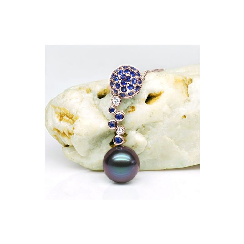Pendentif boule de saphirs - Diamants - Perle de Tahiti, or rose - 2