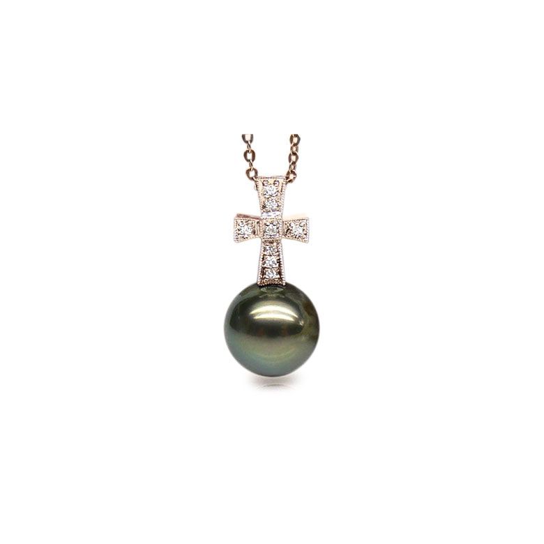 Pendentif croix romaine - Perle de Tahiti - Or rose, diamants - 1