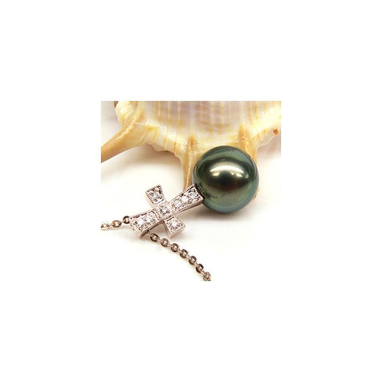 Pendentif croix romaine - Perle de Tahiti - Or rose, diamants - 2