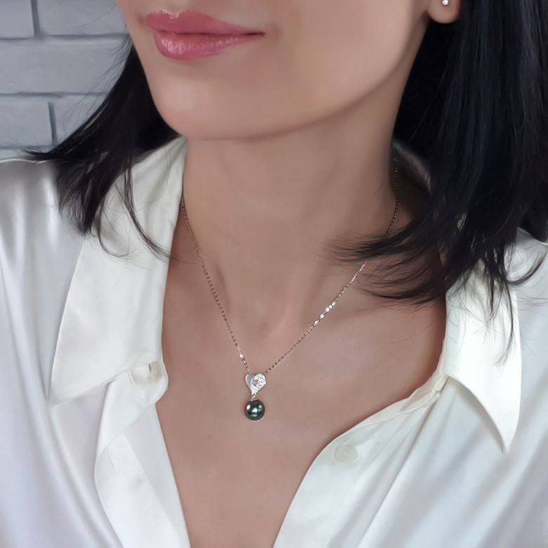 Pendentif en forme de coeur - Perle de Tahiti - Or rose, diamants - 2