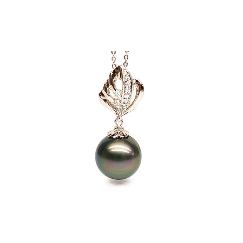 Pendentif création végétale - Perle de Tahiti - Or rose, diamants - 1