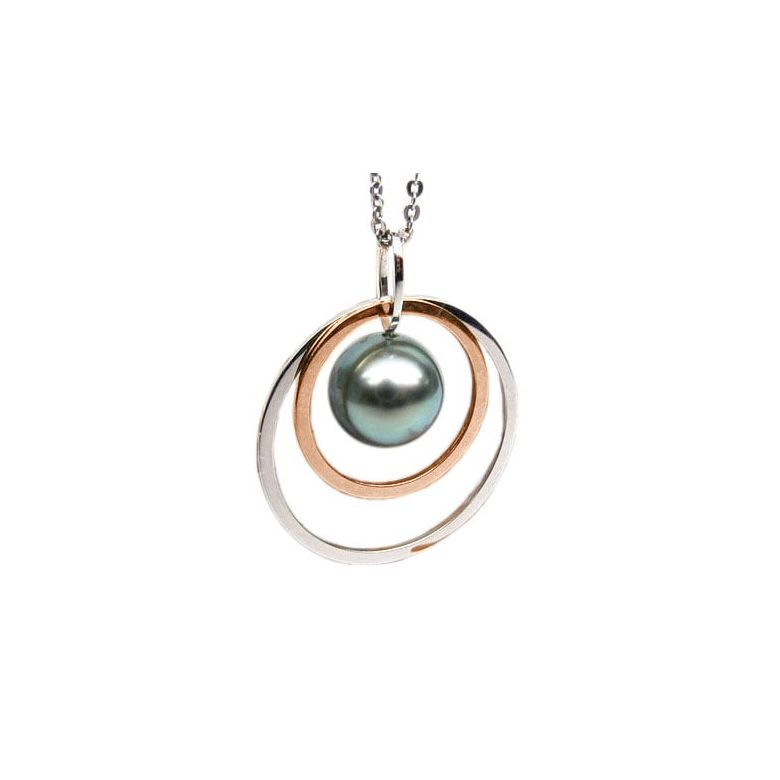 Pendentif 2 anneaux superposés - Perle de Tahiti - Or rose et blanc - 1