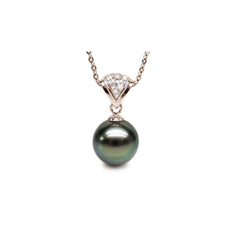 Pendentif classique - Perle de Tahiti grise foncée - Or rose, diamant - 1