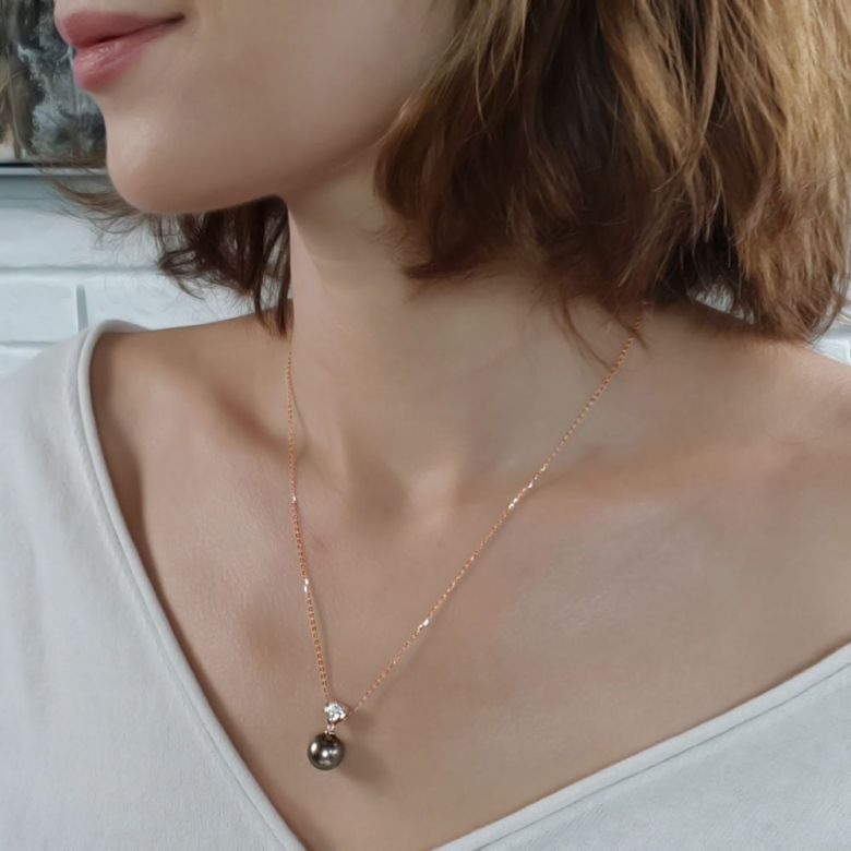 Pendentif classique - Perle de Tahiti grise foncée - Or rose, diamant - 3