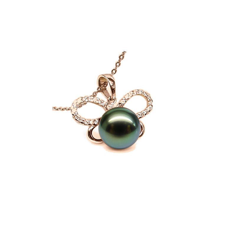 Pendentif papillon - Perle de Tahiti bronze foncée - Or rose, diamants - 1
