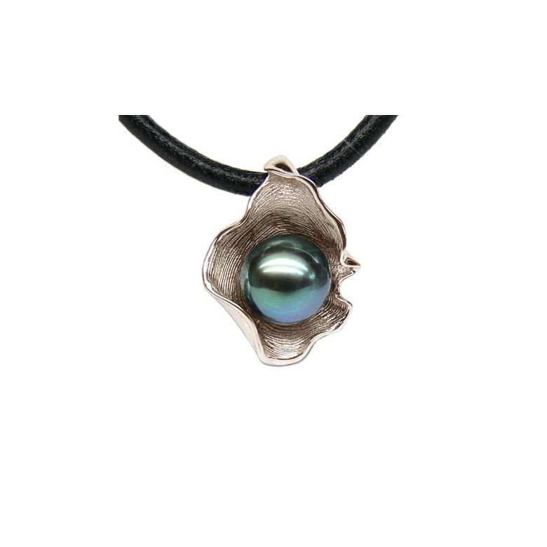 Pendentif polynésien - Perle de Tahiti bleue - Cordon cuir - Or rose - 1