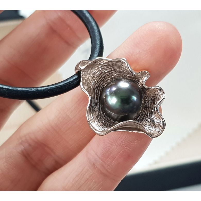 Pendentif polynésien - Perle de Tahiti bleue - Cordon cuir - Or rose - 5